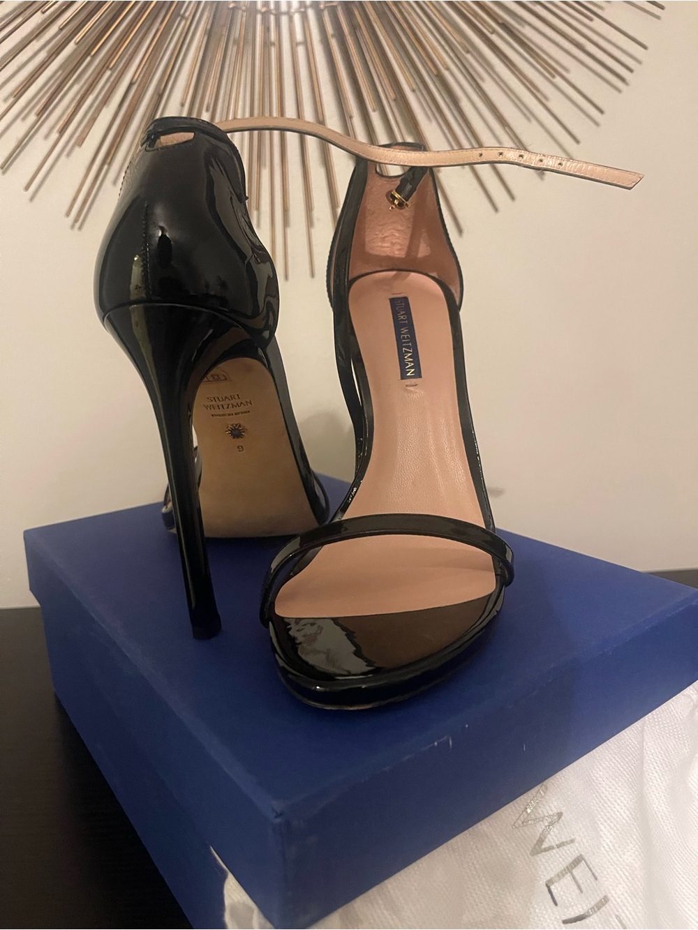 Stuart Weitzman Black Patent Leather Ankle-Strap Stilettos